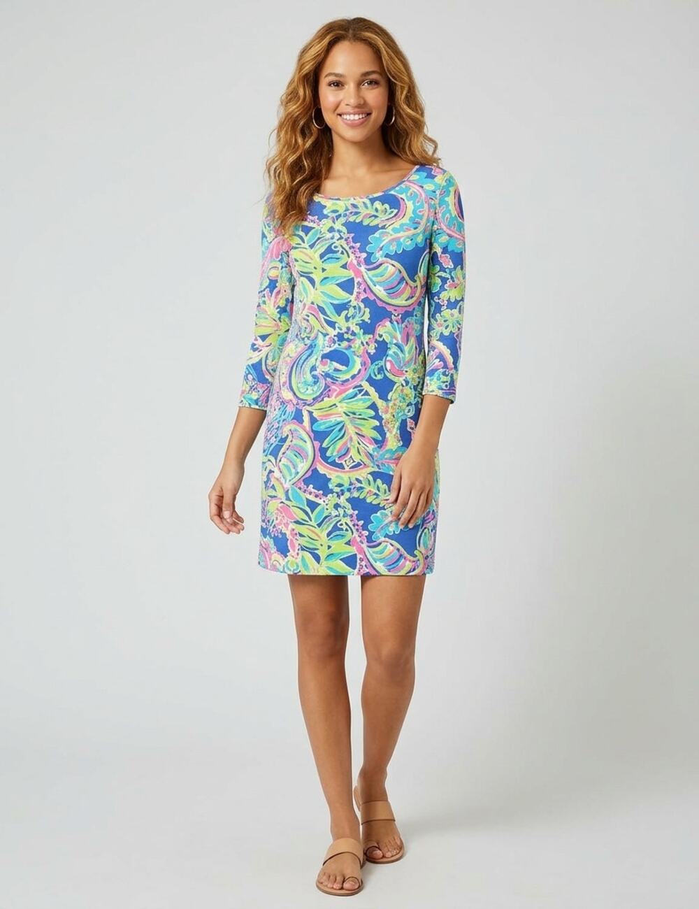 Vtg Lilly Pulitzer Shift Dress M Blue Floral 100% Pima Cotton Preppy Resortwear